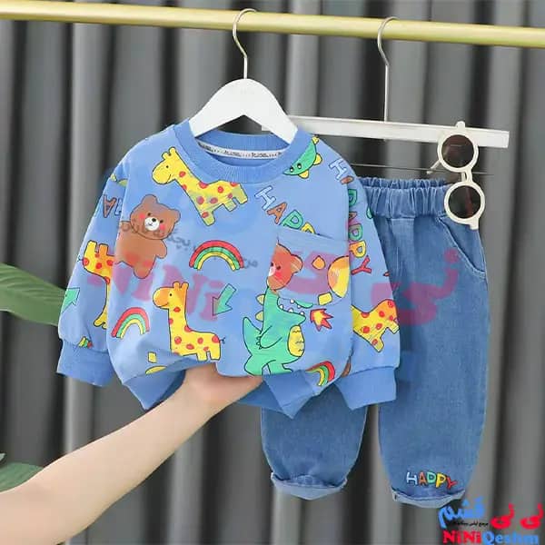 لباس پاییزه بچه گانه بلوز شلوار ست لش رنگ آبی