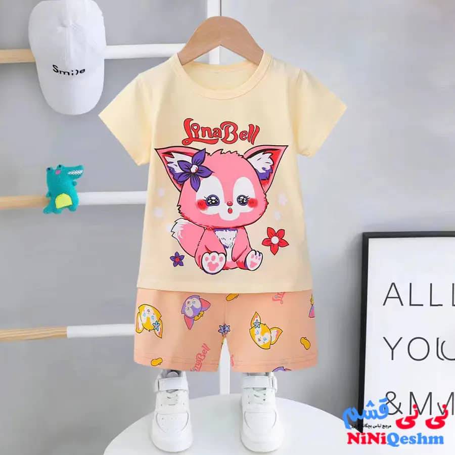 ست دو تکه دخترانه رنگ گلبهی طرح روباه لینابل