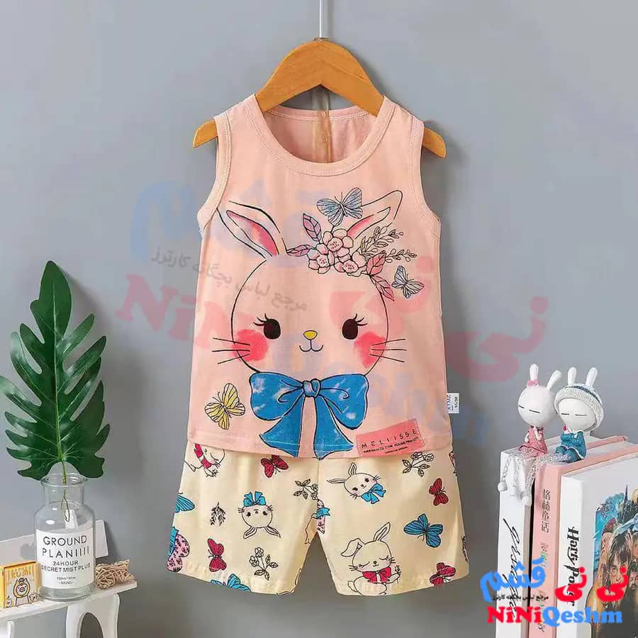 ست تاپ شورتک دخترانه رنگ گلبهی طرح خرگوش