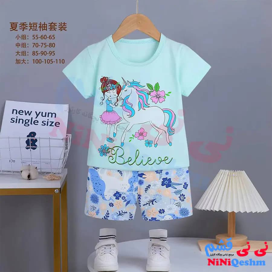 دو تکه دخترانه تیشرت شرت رنگ ابی طرح یونیکورن و دخترک