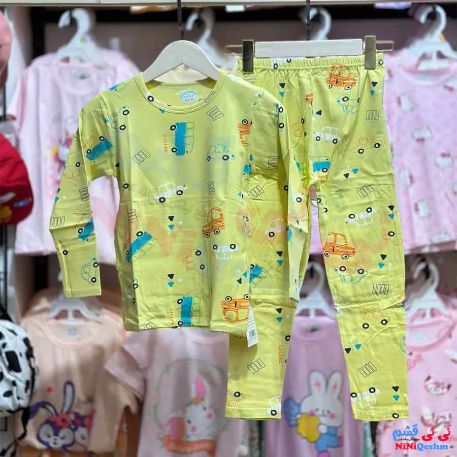 بلوز شلوار بچه گانه رنگ لیمویی با طرح اتوبوس و ماشین