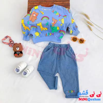 لباس پاییزه بچه گانه بلوز شلوار ست لش رنگ آبی