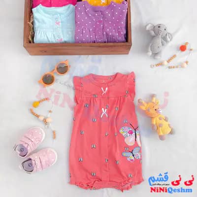 رامپر دخترانه رنگ گوجه ای طرح پروانه