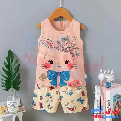 ست تاپ شورتک دخترانه رنگ گلبهی طرح خرگوش