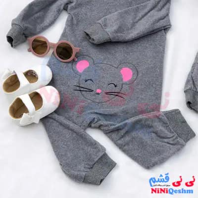 سرهمی پاییزه دخترانه کلاهدار رنگ طوسی با طرح موش