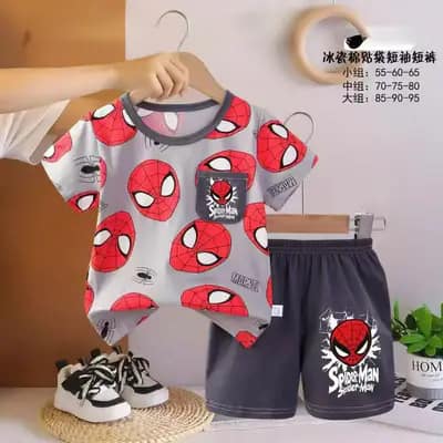 ست تیشرت شلوارک پسرانه طرح Spider-Man مارول با تیشرت خاکستری و شلوارک تیره — کد 98458 فروشگاه نی نی قشم